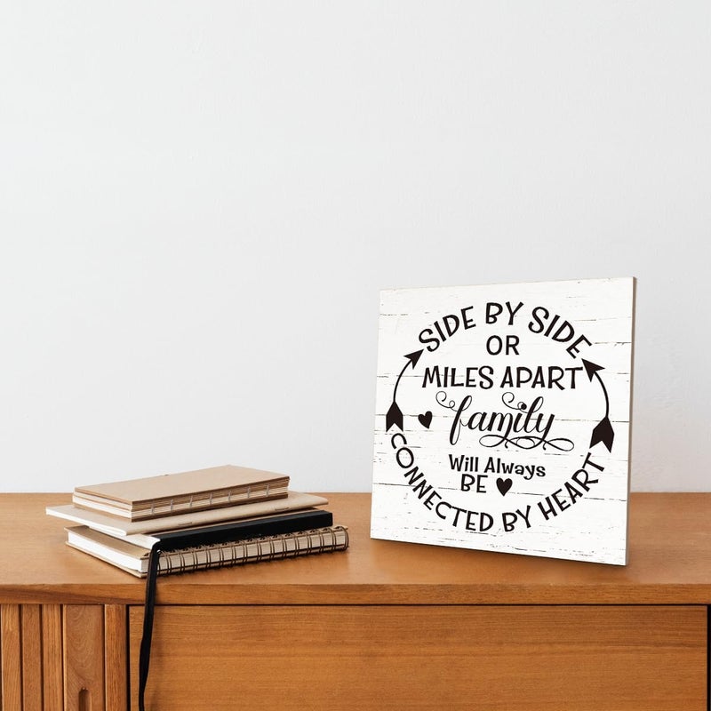 SUSZDOU Family Sign, “Side by Side or Miles Apart, Family Will Always Be Connected by Heart”, Wooden Plaque Table Art Sign 6.2x6.2 Inch, Farmhouse Room Decor, Long Distance Gift for Loved Ones D - Image 4